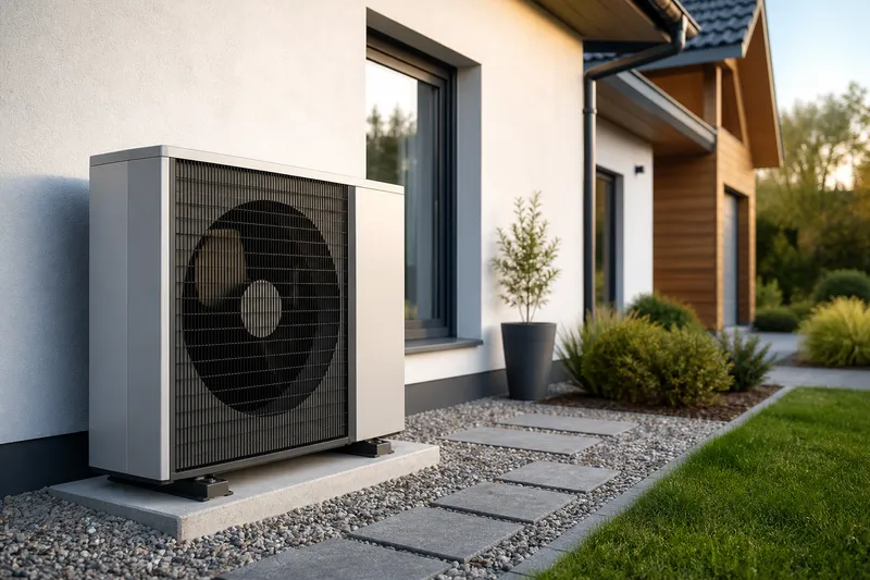 Symbolbild zum Ratgeber „GEG und die 65-Prozent-Regel bei neuen Heizungen“: eine moderne Wärmepumpe vor einem Einfamilienhaus.