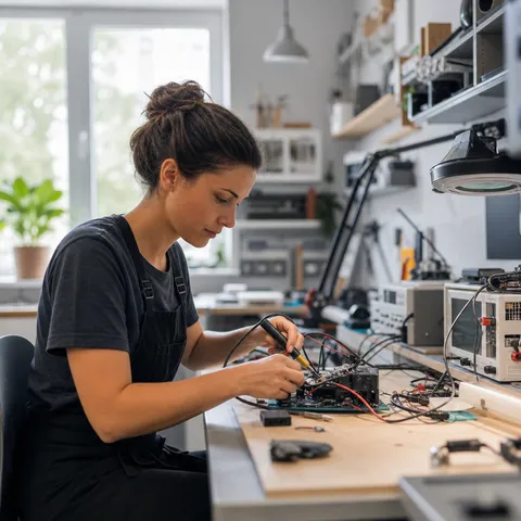 Illustration zum Abschnitt „Gewerbestrom betrifft auch die Kleinen“ im Ratgeber „Gewerbestrom für Kleingewerbe und Selbstständige“: eine Werkstatt eines kleinen Betriebs mit elektrischer Ausrüstung.