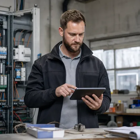 Illustration zum Abschnitt „Worauf Selbstständige beim Preis achten“ im Ratgeber „Gewerbestrom für Kleingewerbe und Selbstständige“: eine Werkstatt eines kleinen Betriebs mit elektrischer Ausrüstung.