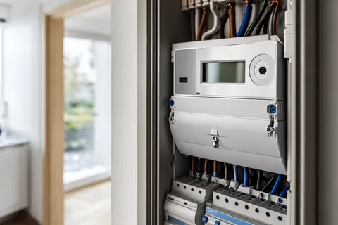 Symbolbild zum Ratgeber „Lastgang verstehen und Lastspitzen senken“: ein digitaler Smart Meter im Zählerschrank eines Haushalts.