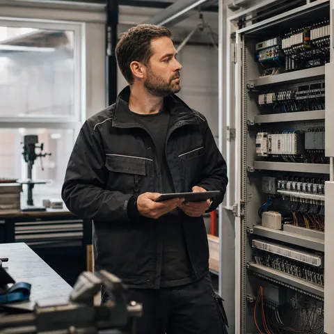 Illustration zum Abschnitt „Was der Lastgang aussagt“ im Ratgeber „Lastgang verstehen und Lastspitzen senken“: eine Werkstatt eines kleinen Betriebs mit elektrischer Ausrüstung.