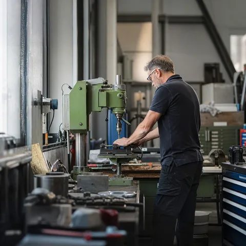 Illustration zum Abschnitt „Wo Lastspitzen entstehen“ im Ratgeber „Lastgang verstehen und Lastspitzen senken“: eine Werkstatt eines kleinen Betriebs mit elektrischer Ausrüstung.
