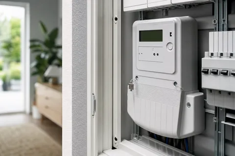 Symbolbild zum Ratgeber „SLP oder RLM: Welche Messung für welchen Betrieb“: ein digitaler Smart Meter im Zählerschrank eines Haushalts.