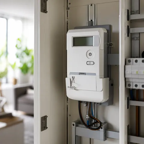 Illustration zum Abschnitt „Standardlastprofil: einfach für kleinere Anschlüsse“ im Ratgeber „SLP oder RLM: Welche Messung für welchen Betrieb“: ein digitaler Smart Meter im Zählerschrank eines Haushalts.
