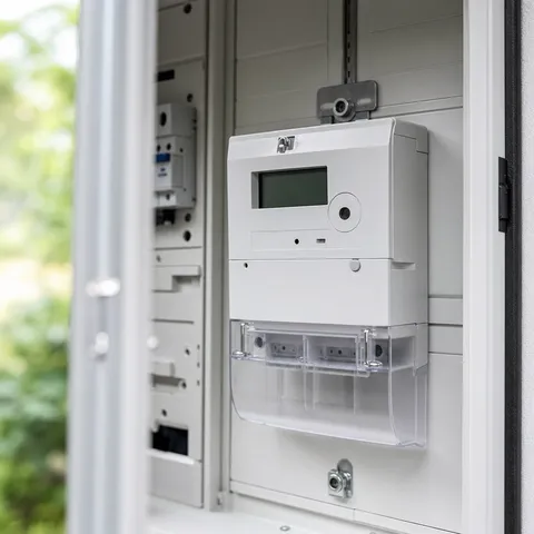 Illustration zum Abschnitt „Zwei Wege, den Verbrauch zu erfassen“ im Ratgeber „SLP oder RLM: Welche Messung für welchen Betrieb“: ein digitaler Smart Meter im Zählerschrank eines Haushalts.