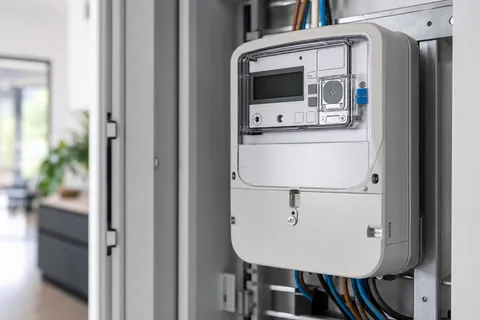 Symbolbild zum Ratgeber „Steuern, Umlagen und Netzentgelte beim Gewerbestrom“: ein digitaler Smart Meter im Zählerschrank eines Haushalts.