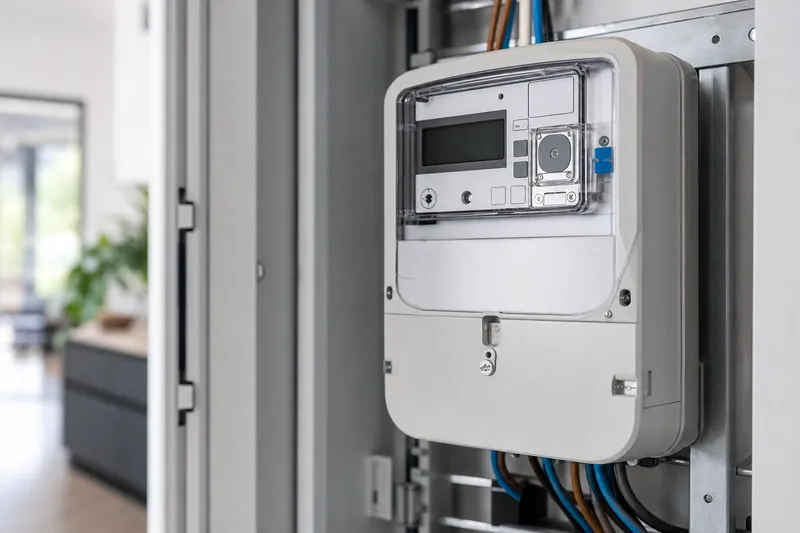 Symbolbild zum Ratgeber „Steuern, Umlagen und Netzentgelte beim Gewerbestrom“: ein digitaler Smart Meter im Zählerschrank eines Haushalts.
