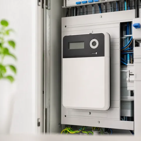 Illustration zum Abschnitt „Aus welchen Teilen sich der Preis zusammensetzt“ im Ratgeber „Steuern, Umlagen und Netzentgelte beim Gewerbestrom“: ein digitaler Smart Meter im Zählerschrank eines Haushalts.