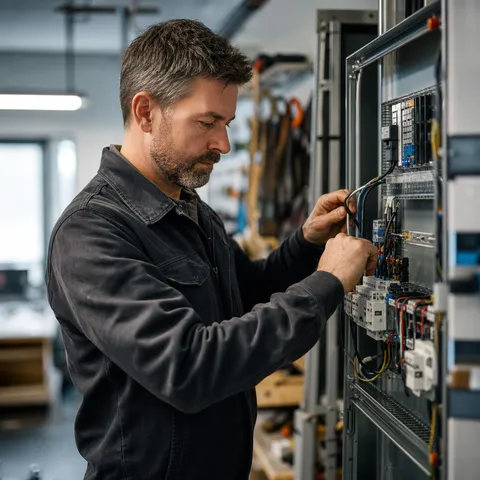 Illustration zum Abschnitt „Stromsteuer und mögliche Entlastungen“ im Ratgeber „Steuern, Umlagen und Netzentgelte beim Gewerbestrom“: eine Werkstatt eines kleinen Betriebs mit elektrischer Ausrüstung.