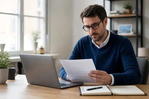 Symbolbild zum Ratgeber „Gewerbestrom-Tarife vergleichen: die Kriterien“: eine Person prüft am Laptop einen Stromvertrag am Schreibtisch.