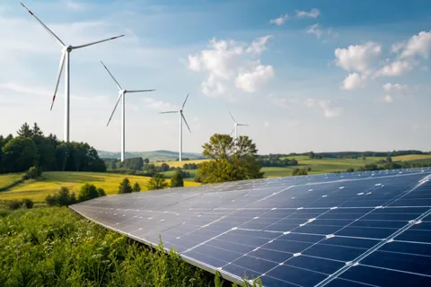 Symbolbild zum Ratgeber „Graustrom und der Strommix in Deutschland“: Windräder und Solaranlagen in einer grünen Landschaft.