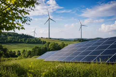 Symbolbild zum Ratgeber „Greenwashing bei Ökostrom erkennen“: Windräder und Solaranlagen in einer grünen Landschaft.