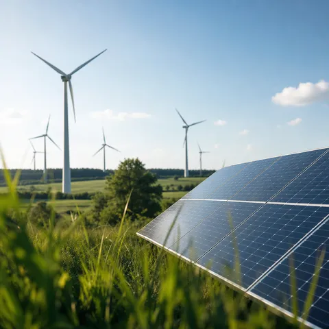 Illustration zum Abschnitt „Die Warnsignale“ im Ratgeber „Greenwashing bei Ökostrom erkennen“: Windräder und Solaranlagen in einer grünen Landschaft.