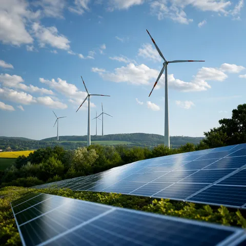 Illustration zum Abschnitt „Wie Greenwashing bei Strom funktioniert“ im Ratgeber „Greenwashing bei Ökostrom erkennen“: Windräder und Solaranlagen in einer grünen Landschaft.