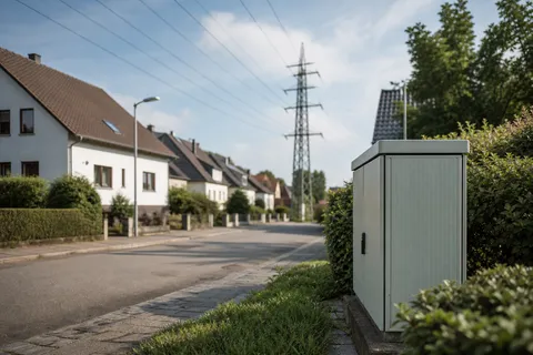 Symbolbild zum Ratgeber „Grundversorger finden über die Postleitzahl“: ein Wohnviertel mit Stromleitungen und einem Verteilerkasten.