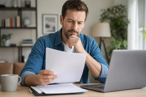 Symbolbild zum Ratgeber „Grundversorgung kündigen: 2 Wochen Frist“: eine Person prüft am Laptop einen Stromvertrag am Schreibtisch.