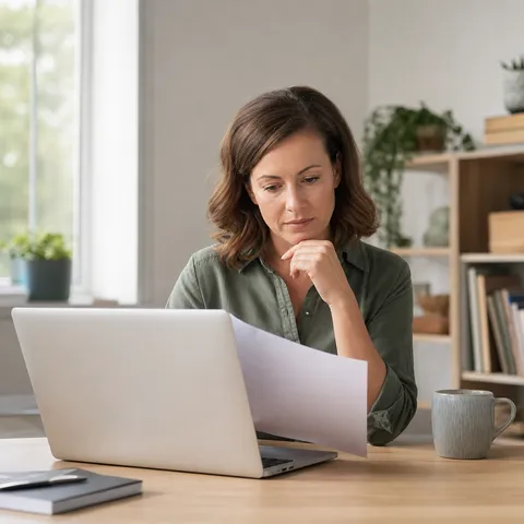 Illustration zum Abschnitt „Der einfachste Weg: gar nicht selbst kündigen“ im Ratgeber „Grundversorgung kündigen: 2 Wochen Frist“: eine Person prüft am Laptop einen Stromvertrag am Schreibtisch.