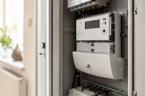 Symbolbild zum Ratgeber „Grundversorgung: Preise und Preisbestandteile“: ein digitaler Smart Meter im Zählerschrank eines Haushalts.