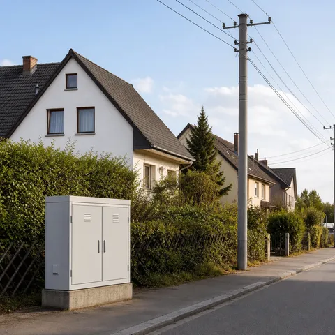 Illustration zum Abschnitt „Zwei Komponenten, viele Bestandteile“ im Ratgeber „Grundversorgung: Preise und Preisbestandteile“: ein Wohnviertel mit Stromleitungen und einem Verteilerkasten.