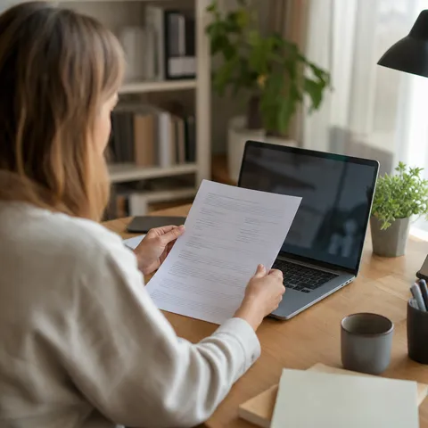 Illustration zum Abschnitt „Zwei Vertragswelten für denselben Strom“ im Ratgeber „Grundversorgung vs. Sondervertrag im Vergleich“: eine Person prüft am Laptop einen Stromvertrag am Schreibtisch.