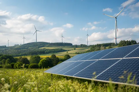 Symbolbild zum Ratgeber „Herkunftsnachweise einfach erklärt“: Windräder und Solaranlagen in einer grünen Landschaft.