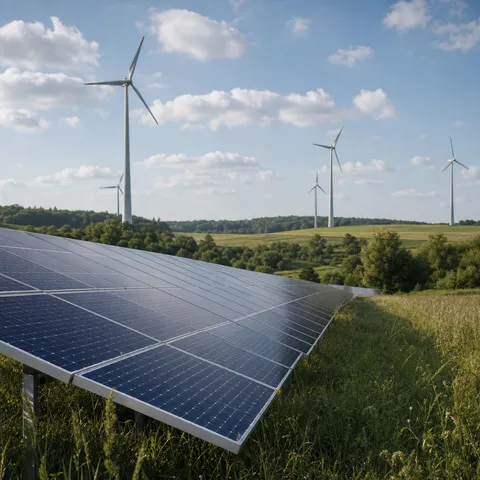 Illustration zum Abschnitt „Entwertung: der entscheidende Schritt“ im Ratgeber „Herkunftsnachweise einfach erklärt“: Windräder und Solaranlagen in einer grünen Landschaft.