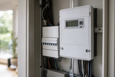 Symbolbild zum Ratgeber „mME oder iMSys: Was im Zählerschrank steckt“: ein digitaler Smart Meter im Zählerschrank eines Haushalts.