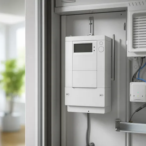 Illustration zum Abschnitt „Zwei Geräte, ein verwechselter Begriff“ im Ratgeber „mME oder iMSys: Was im Zählerschrank steckt“: ein digitaler Smart Meter im Zählerschrank eines Haushalts.
