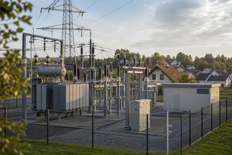 Symbolbild zum Ratgeber „Netzentgelte: Warum Strom regional unterschiedlich viel kostet“: ein Umspannwerk mit Transformatoren im Stromnetz.