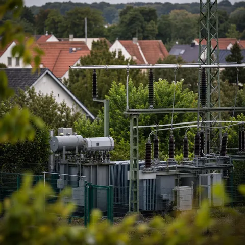 Illustration zum Abschnitt „Warum Netzentgelte regional so unterschiedlich sind“ im Ratgeber „Netzentgelte: Warum Strom regional unterschiedlich viel kostet“: ein Umspannwerk mit Transformatoren im Stromnetz.
