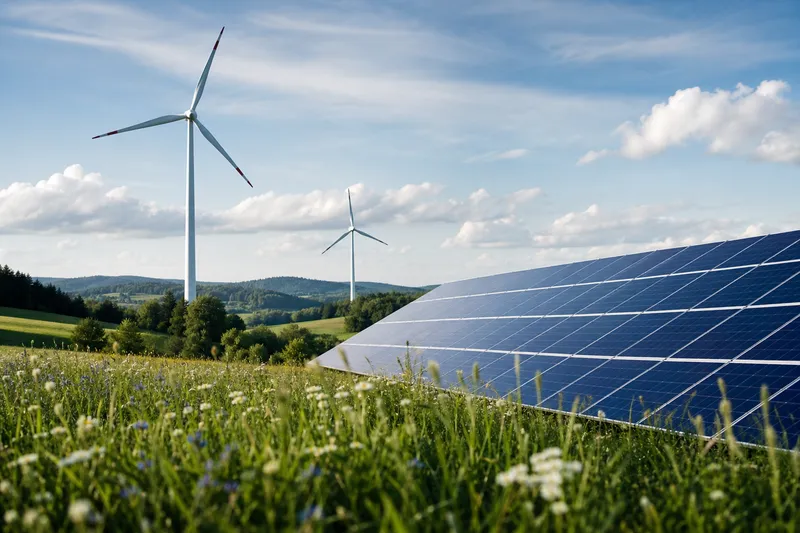Symbolbild zum Ratgeber „Ökostrom-Gütesiegel: ok-power & Grüner Strom Label“: Windräder und Solaranlagen in einer grünen Landschaft.