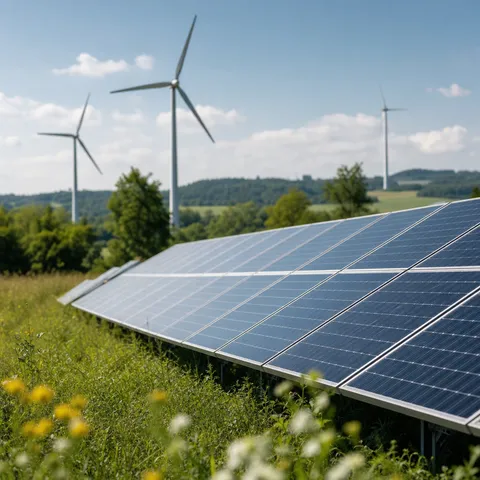 Illustration zum Abschnitt „ok-power: Beitrag zum Ausbau“ im Ratgeber „Ökostrom-Gütesiegel: ok-power & Grüner Strom Label“: Windräder und Solaranlagen in einer grünen Landschaft.