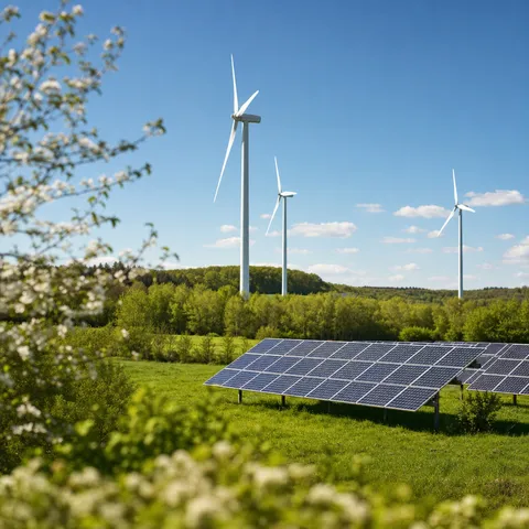 Illustration zum Abschnitt „Warum Gütesiegel überhaupt nötig sind“ im Ratgeber „Ökostrom-Gütesiegel: ok-power & Grüner Strom Label“: Windräder und Solaranlagen in einer grünen Landschaft.