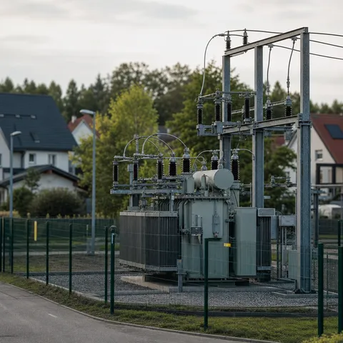 Illustration zum Abschnitt „Worum es bei § 14a EnWG geht“ im Ratgeber „§ 14a EnWG: Module 1, 2 und 3 im Vergleich“: ein Umspannwerk mit Transformatoren im Stromnetz.