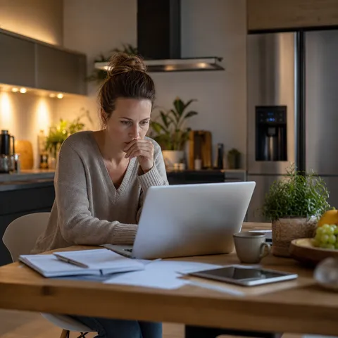 Illustration zum Abschnitt „Planungsaufwand und schwankende Monatskosten“ im Ratgeber „Risiken dynamischer Tarife: Preisspitzen verstehen“: eine moderne Küche am Abend mit smarten Haushaltsgeräten.