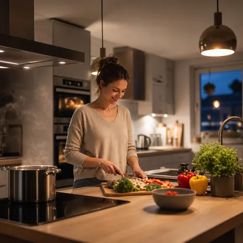 Illustration zum Abschnitt „Warum dynamische Tarife nicht nur günstig sind“ im Ratgeber „Risiken dynamischer Tarife: Preisspitzen verstehen“: eine moderne Küche am Abend mit smarten Haushaltsgeräten.