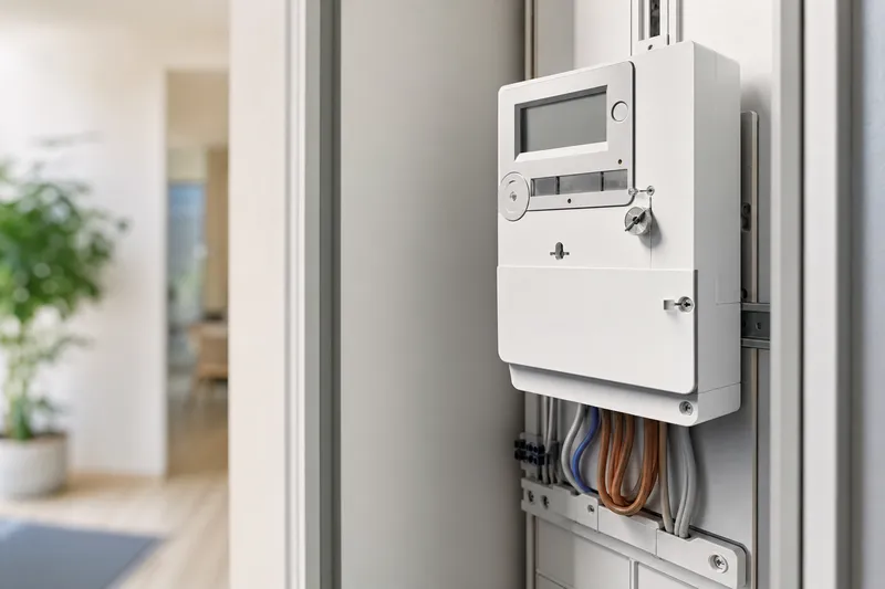 Symbolbild zum Ratgeber „Datenschutz und Datensicherheit beim Smart Meter“: ein digitaler Smart Meter im Zählerschrank eines Haushalts.