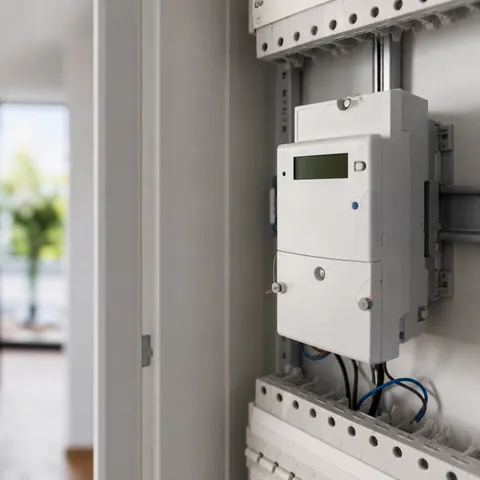 Illustration zum Abschnitt „Verschlüsselung und sichere Identitäten“ im Ratgeber „Datenschutz und Datensicherheit beim Smart Meter“: ein digitaler Smart Meter im Zählerschrank eines Haushalts.