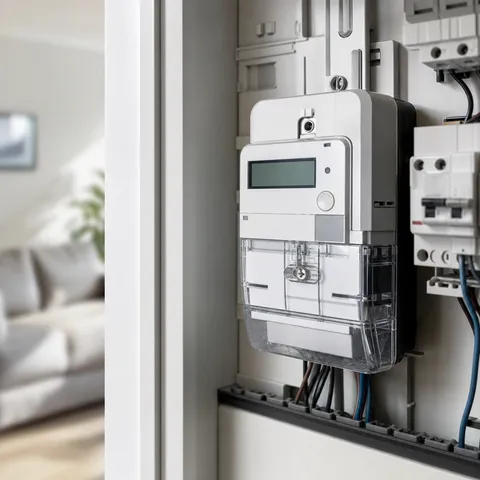 Illustration zum Abschnitt „Warum Datenschutz beim Smart Meter besonders zählt“ im Ratgeber „Datenschutz und Datensicherheit beim Smart Meter“: ein digitaler Smart Meter im Zählerschrank eines Haushalts.
