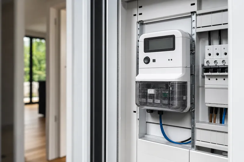 Symbolbild zum Ratgeber „Smart Meter als Voraussetzung für dynamische Tarife“: ein digitaler Smart Meter im Zählerschrank eines Haushalts.