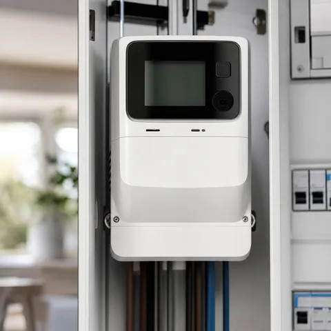 Illustration zum Abschnitt „Warum die Messtechnik über den Tarif entscheidet“ im Ratgeber „Smart Meter als Voraussetzung für dynamische Tarife“: ein digitaler Smart Meter im Zählerschrank eines Haushalts.