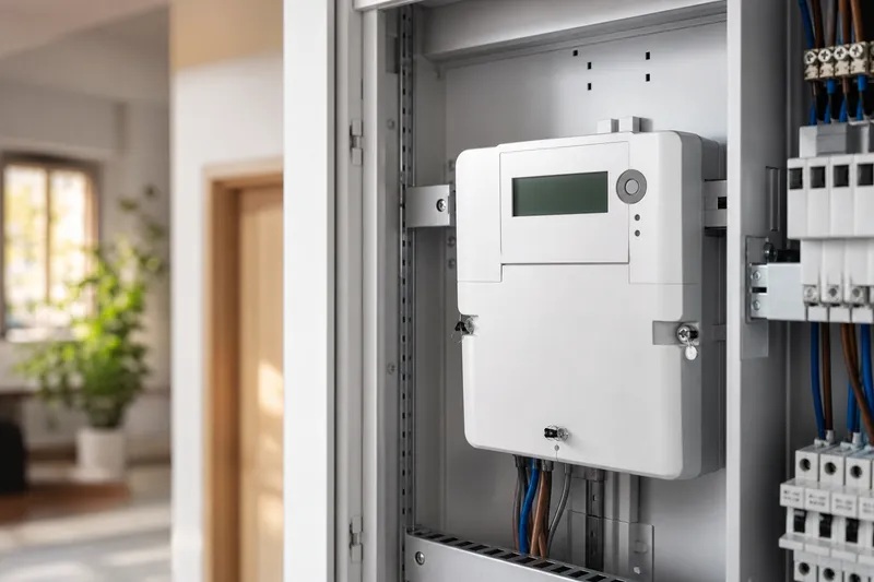 Symbolbild zum Ratgeber „Smart-Meter-Kosten und gesetzliche Preisobergrenzen“: ein digitaler Smart Meter im Zählerschrank eines Haushalts.