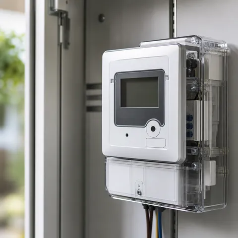 Illustration zum Abschnitt „Smart-Meter-Kosten sind gesetzlich gedeckelt“ im Ratgeber „Smart-Meter-Kosten und gesetzliche Preisobergrenzen“: ein digitaler Smart Meter im Zählerschrank eines Haushalts.