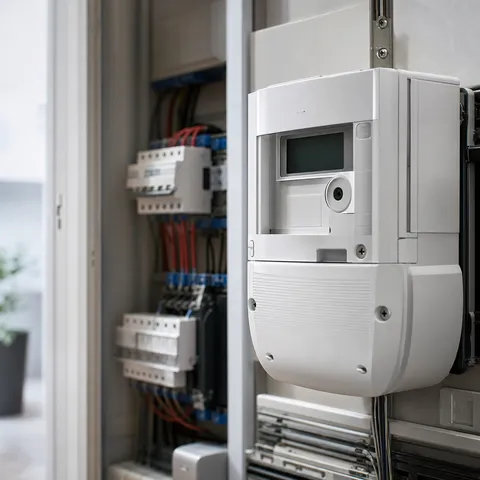 Illustration zum Abschnitt „Kriterium 2: Steuerbare Einrichtungen nach § 14a EnWG“ im Ratgeber „Smart-Meter-Pflicht: Wer ab wann einen bekommt“: ein digitaler Smart Meter im Zählerschrank eines Haushalts.
