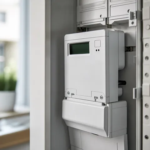 Illustration zum Abschnitt „Was die Smart-Meter-Pflicht regelt“ im Ratgeber „Smart-Meter-Pflicht: Wer ab wann einen bekommt“: ein digitaler Smart Meter im Zählerschrank eines Haushalts.