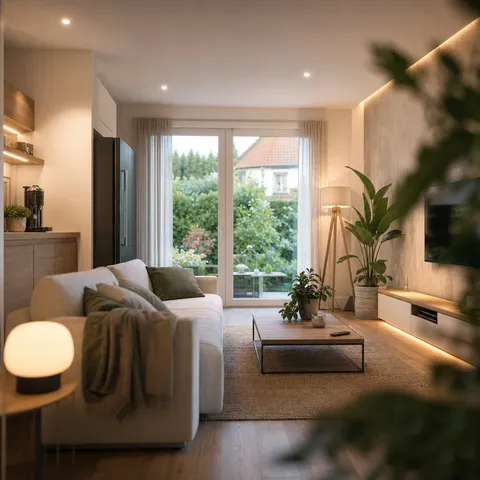 Illustration zum Abschnitt „Gartengeräte und Beleuchtung“ im Ratgeber „Stromkosten in Haus und Garten senken“: ein energieeffizientes Wohnzimmer mit LED-Beleuchtung.
