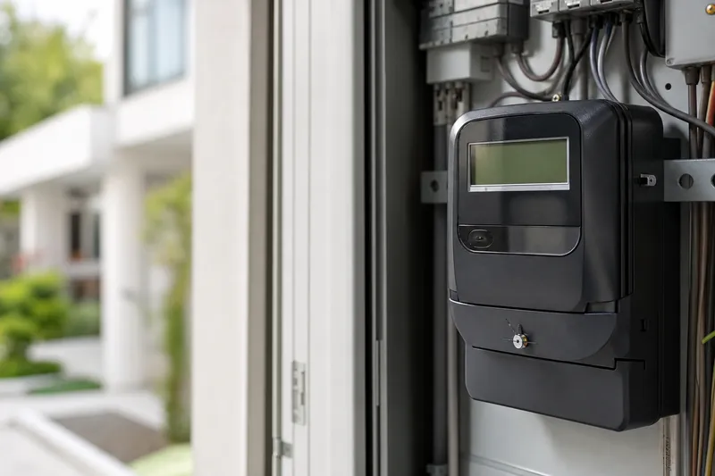 Symbolbild zum Ratgeber „Strom anmelden beim Umzug: Schritt für Schritt“: ein digitaler Smart Meter im Zählerschrank eines Haushalts.