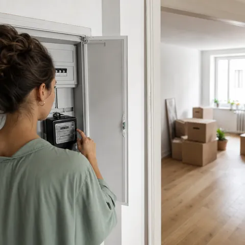 Illustration zum Abschnitt „Die Grundversorgung als Auffangnetz“ im Ratgeber „Strom anmelden beim Umzug: Schritt für Schritt“: Umzugskartons in einer hellen Wohnung, jemand liest den Stromzähler ab.