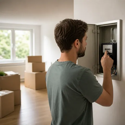 Illustration zum Abschnitt „Vor dem Umzug: Was du vorbereitest“ im Ratgeber „Strom anmelden beim Umzug: Schritt für Schritt“: Umzugskartons in einer hellen Wohnung, jemand liest den Stromzähler ab.