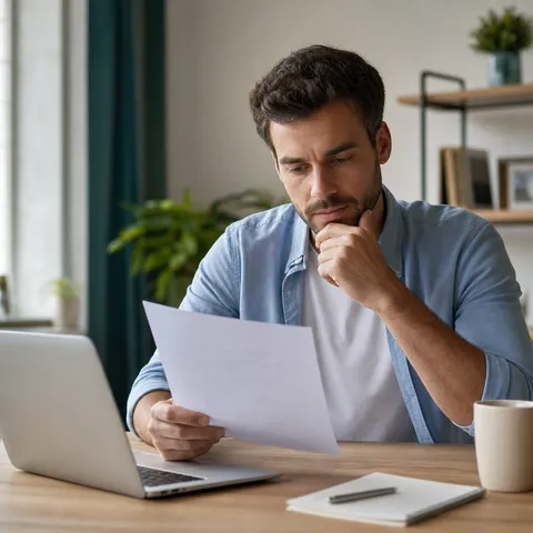 Illustration zum Abschnitt „Mitnehmen oder kündigen, die Grundentscheidung“ im Ratgeber „Strom kündigen beim Umzug: Fristen & Rechte“: eine Person prüft am Laptop einen Stromvertrag am Schreibtisch.
